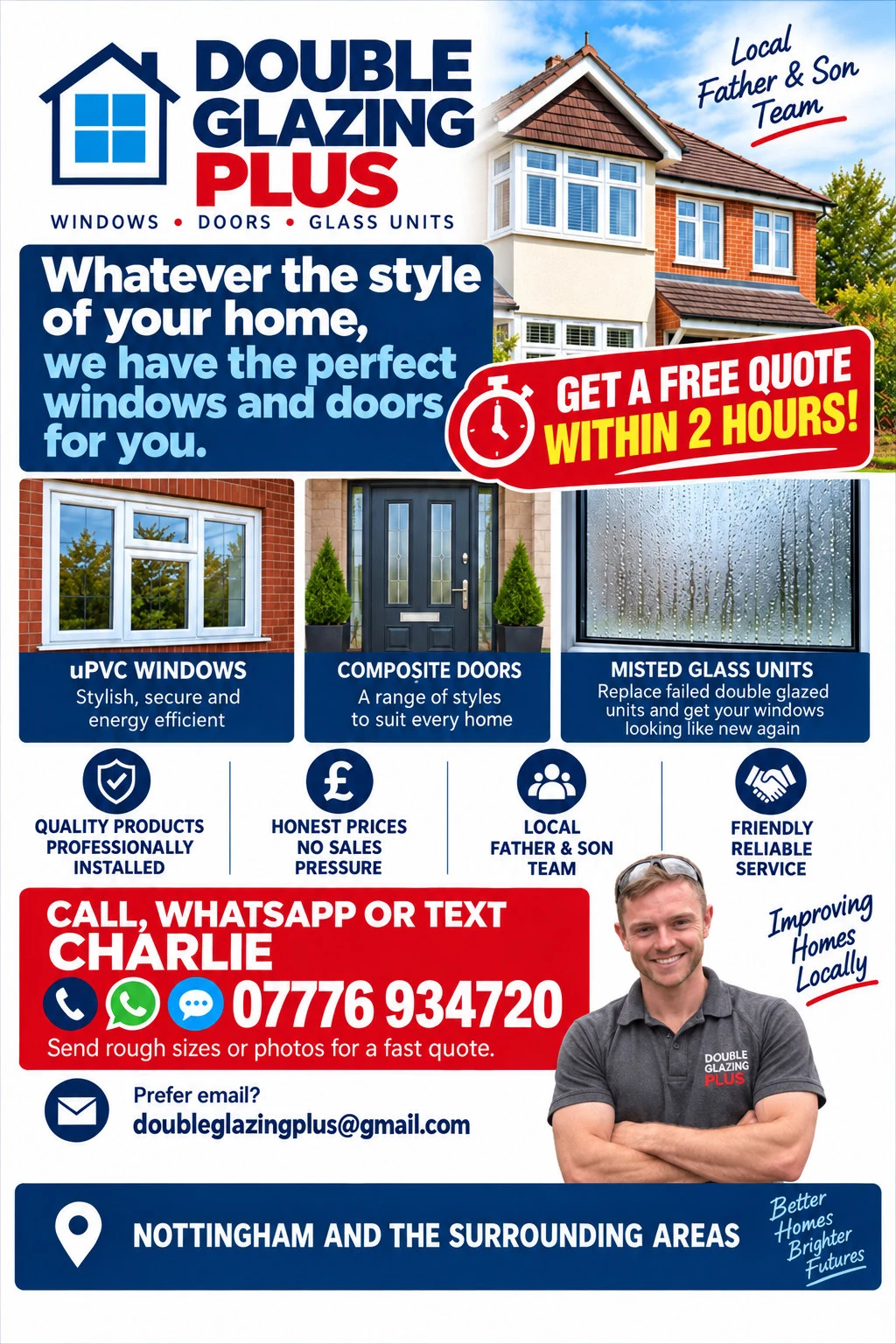 Double Glazing Plus Nottingham poster featuring Charlie, promoting uPVC windows, composite doors, misted glass unit replacement, and free quotes within two hours.
