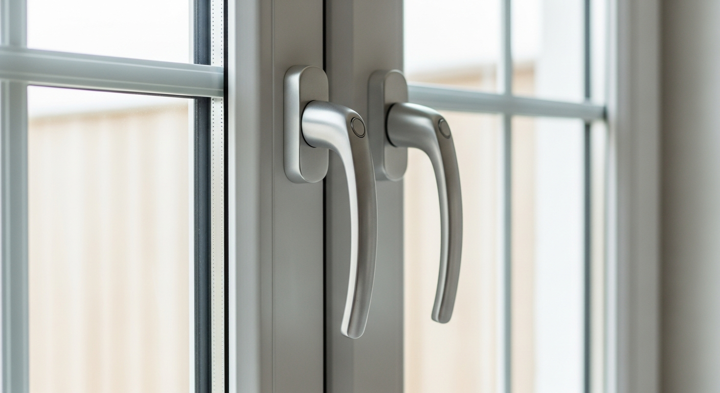 Close-up of a high quality white uPVC casement window with modern handles